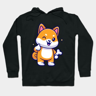 Cute Shiba Inu Holding Bone With Thumb Up Cartoon Hoodie